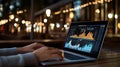 A person is analyzing data on a laptop, illuminated by screens displaying graphs and charts in a dark office setting Royalty Free Stock Photo