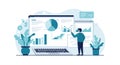 A person analyzing data on large screens displaying various charts and graphs,