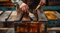 Person applying varnish to wooden planks with a paintbrush. Woodworking and crafts concept