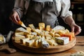 person in apron presenting gourmet cheese platter to a camera