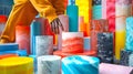 Person arranging colorful cylindrical blocks with marbled patterns in a vibrant, modern setting