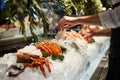 person arranging a seafood ice display Royalty Free Stock Photo