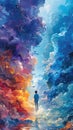 Person ascending into a vibrant, surreal cloudscape.