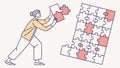 Person assembling a complex jigsaw puzzle, symbolizing problem-solving, vector design Generative AI Royalty Free Stock Photo