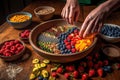 a person assembling a rainbow of fruit in a bowl
