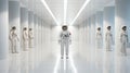 a person in an astronaut suit stands facing an empty white room that is very modern and minimally furnished