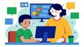A person with autism engrossed in a computer coding and explaining the intricate details of computer programming to a