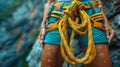 Person in azure shorts and fashion accessory harness holds electric blue rope Royalty Free Stock Photo