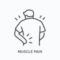 Person with backache line icon. Vector outline illustration man with musle pain. Human with spine problems