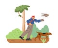 Person with backpack and hawking glove hunting with falcon bird and dog in the forest, cartoon vector Falconry training Royalty Free Stock Photo