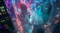 A person balances on a highwire above a vibrant cityscape at night. Urban adrenaline rush, precarious daredevil stunt