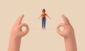 Person balancing on a tightrope held between two hands. 3D Rendering