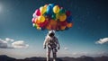 person with balloons 15 An astronaut in a spacesuit floats above a giant balloon that is filled with colorful gas.