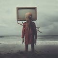 Kraken Humanoid: A Quirky Beach Portrait With A Tv-headed Man And Octopus Puppet