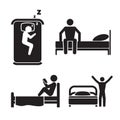 Person in bed icons. Hotel sleep signs Royalty Free Stock Photo