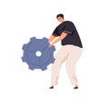 Person with big cogwheel in hands as symbol of technical works. Man holding metal gear. Concept of configuration settings and