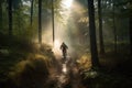 person, biking through forest on adventure travel trip