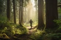 person, biking through forest on adventure travel trip