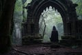 a person in a black cloak sitting in an archway in the woods