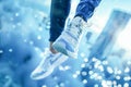 Person in blue pants and sneakers jumping midair over blurred city background. Copy space
