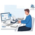 A person in a blue sweater sits at a desk in an office setting, using a printer. The Royalty Free Stock Photo