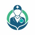 Person in blue uniform holding a green circle representing a modern healthcare logo, Modern logo incorporating a healthcare worker