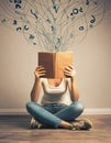 Person with book for head emitting algorithmic patterns