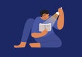 Person bookworm vector illustration with young man holding in hand book and flashlight enjoying reading in night