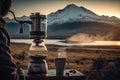 person, brewing cup of coffee using geyser coffee maker, and enjoying tranquil view of mountain range in the background