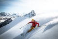 A person in bright jacket is skiing in high mountains. Tyrol, Austria . Sunny weather