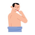 person brushing teeth on towel