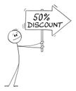 Person or Businessman Holding 50 or Fifty Percent Discount Arrow Sign and Pointing at Something, Vector Cartoon Stick