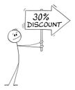 Person or Businessman Holding 30 or Thirty Percent Discount Arrow Sign and Pointing at Something, Vector Cartoon Stick