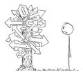 Person or Businessman Looking at Confusing Signpost with Many Arrows, Decide and Choose Right Way , Vector Cartoon