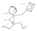 Person or Businessman Running With Envelope, mail, Email or Message, Vector Cartoon Stick Figure Illustration