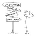 Person or Businessman Standing on Crossroad, Decide and Choose from Good Choices , Vector Cartoon Stick Figure