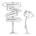 Person or Businessman Standing on Crossroad, Decide and Choose from Prosperity Choices , Vector Cartoon Stick Figure