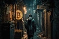 person, buying bitcoin with cash in dark alleyway