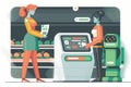 person, buying groceries from futuristic checkout stand, with android robot completing payment