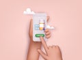 Person buying the pills online with the smartphone. Ordering medicines online concept. 3D Web Vector Illustrations
