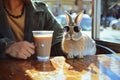 person at a caf table with a rabbit in stylish shades