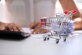 Person Calculating Bill With Calculator Near Shopping Cart