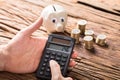 Person Calculating On Calculator With Coins And Piggy Bank Royalty Free Stock Photo