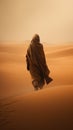 Person in cape in massive sandstorm in desert