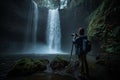person, capturing the power and beauty of a waterfall, with camera in hand