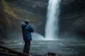 person, capturing the power and beauty of a waterfall, with camera in hand