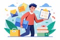 A person carries a clipboard and a bag while documents float around in a cheerful and colorful setting Transferring documents with