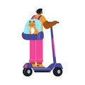 The person carries with pets cage backpack rides a scooter, vector cat sits in the carrier, traveling with pet