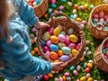 Person carrying baskets of colorful eggs during easter egg hunts, easter egg hunt image