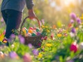 Person carrying baskets of colorful eggs during an exciting easter egg hunt, easter egg hunt concept